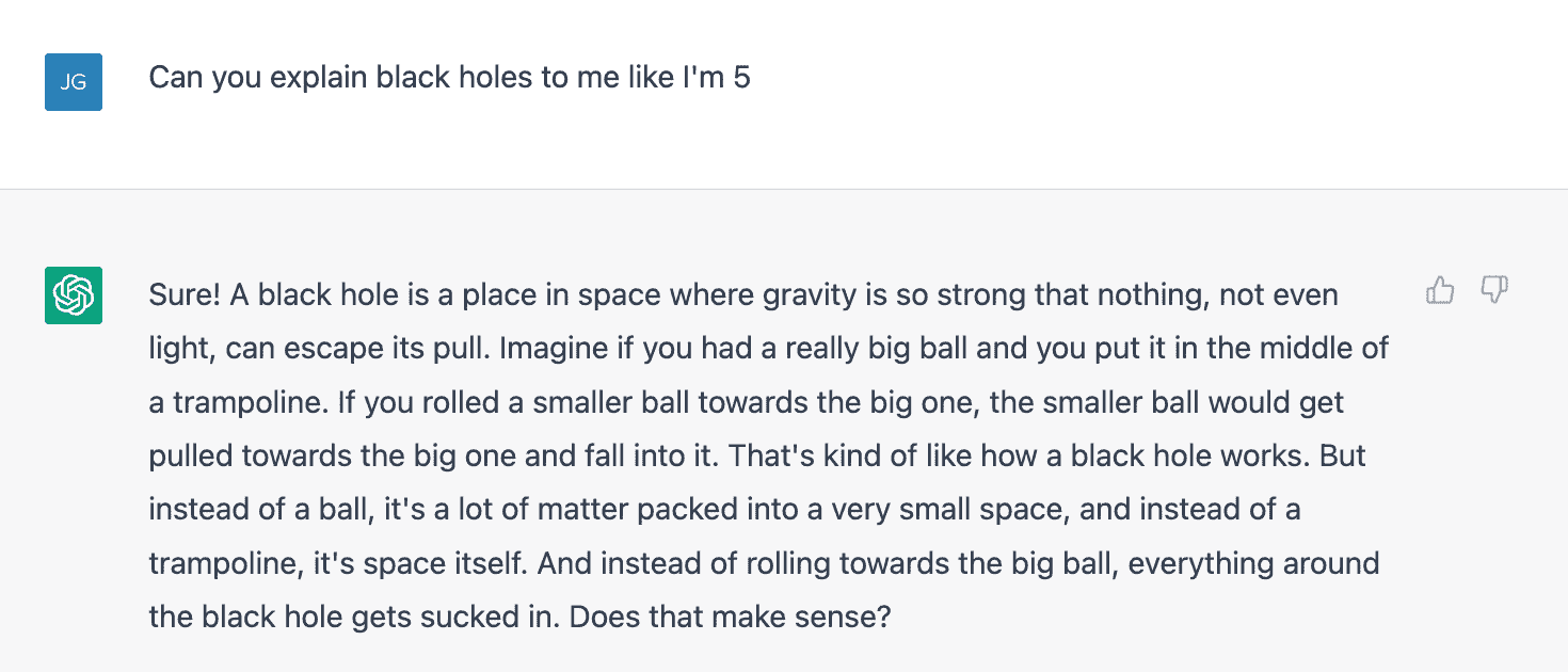 Asking ChatGPT to explain black holes to a 5 year old