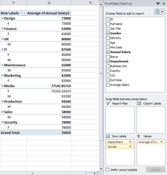 using Excel pivot table