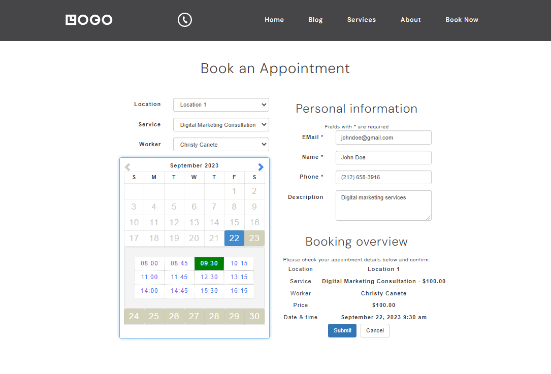 booking page in Breakdance