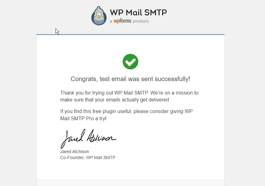 WP Mail SMTP success message