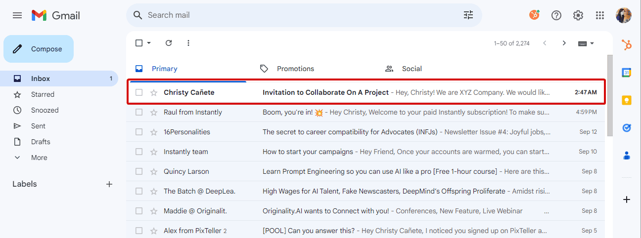 sample Gmail inbox