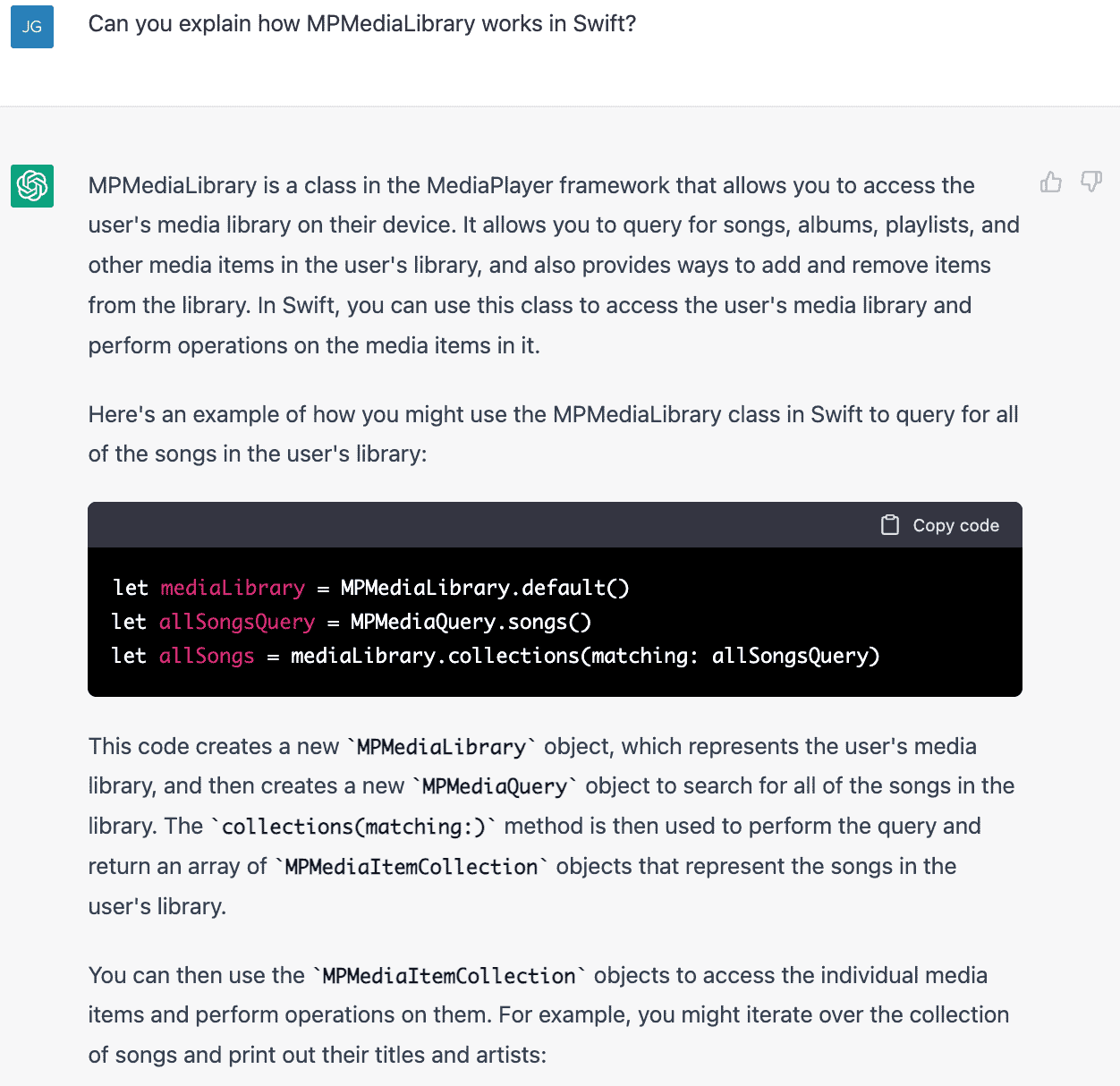 Asking ChatGPT to explain how the MPMediaLibrary class works in the Swift programming language