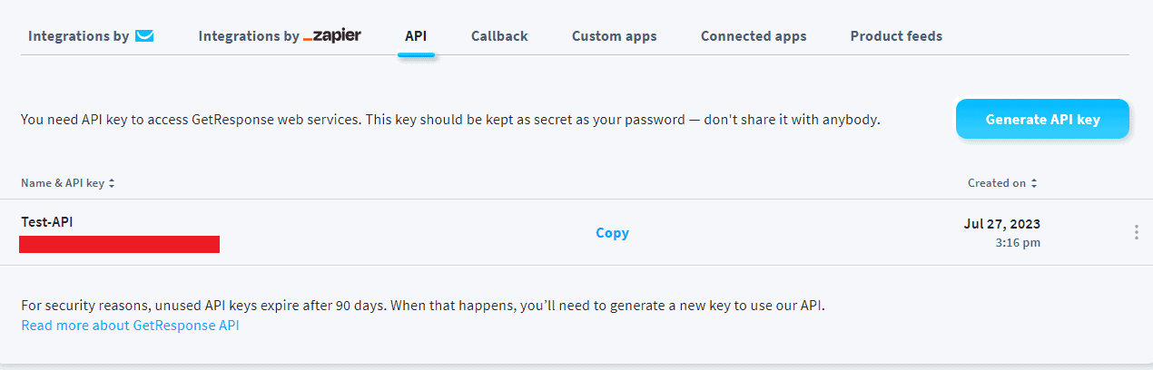 copy getresponse api key