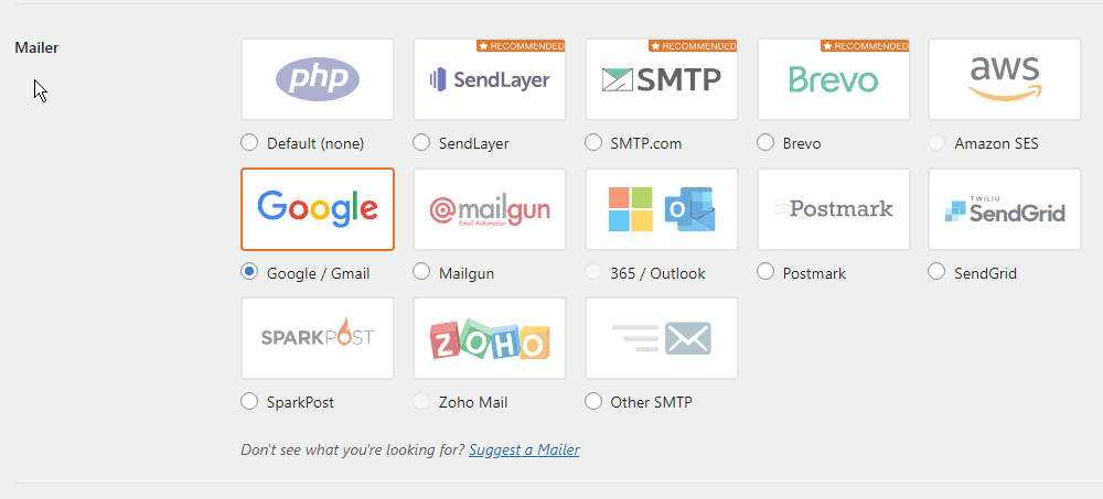 wp mail smtp mailer section