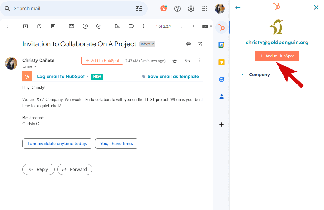 add Gmail contact to HubSpot