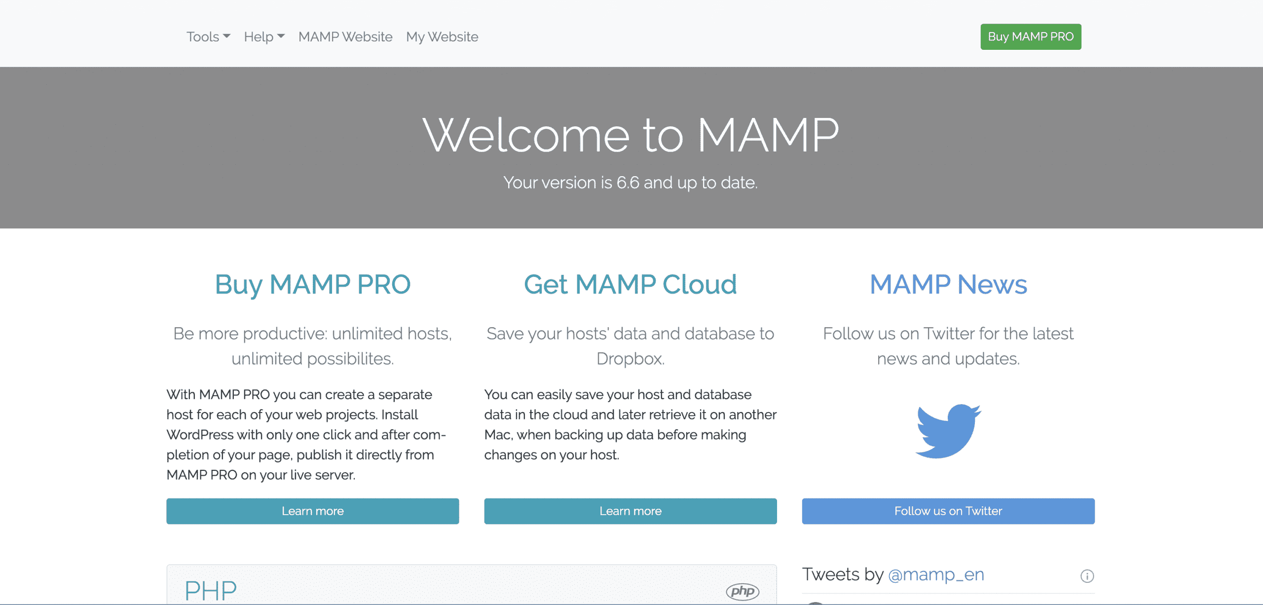 mamp main screen redirect after setting up website