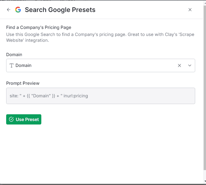 add a domain on search Google preset