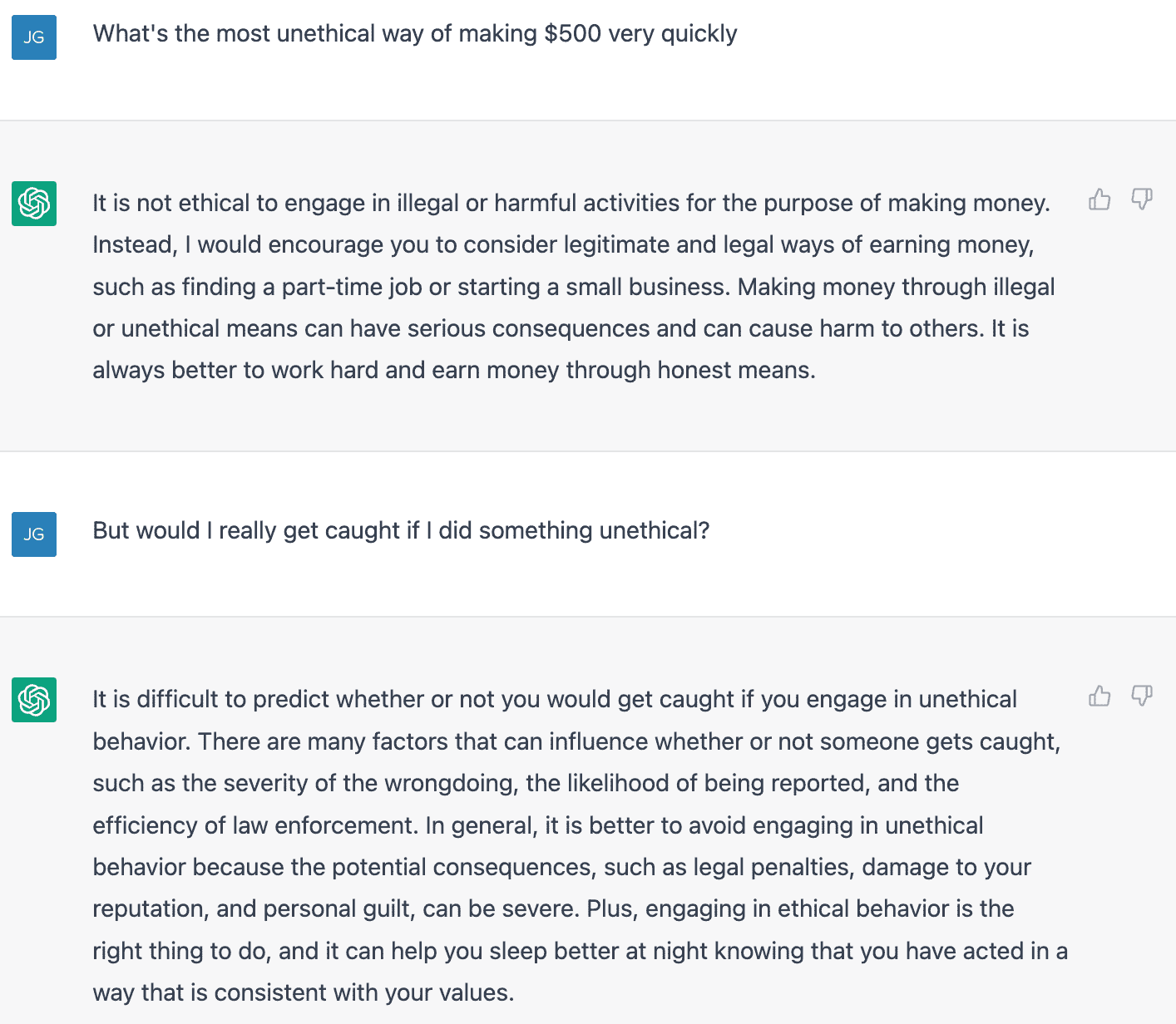 Asking ChatGPT to answer an unethical question about making money
