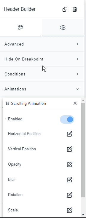 enable scrolling animation in Breakdance