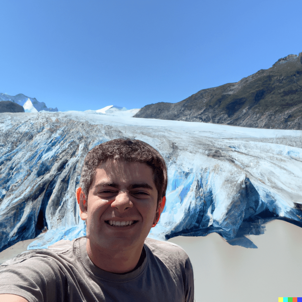 DALLE-2 selfie taken from Mendenhall Glacier, Alaska on a sunny winter day, Sigma 85mm f_8, 4k photorealistic