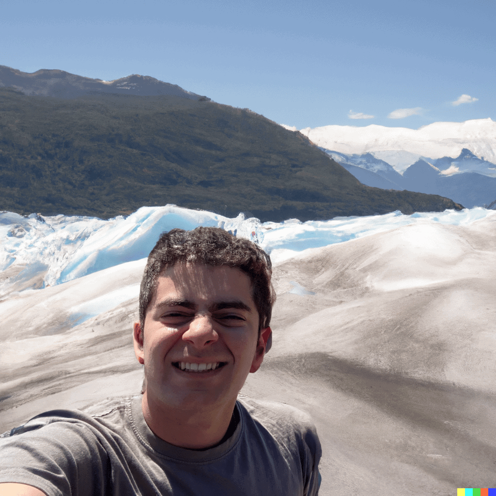 DALL-E 2 selfie taken from Mendenhall Glacier, Alaska on a sunny winter day, Sigma 85mm f_8, 4k photorealistic 2