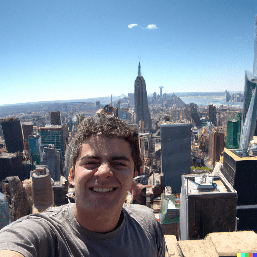 DALLE-2 selfie taken from top of the rock, empire state building, on a sunny new york city day, Sigma 85mm f8, 4k photorealistic