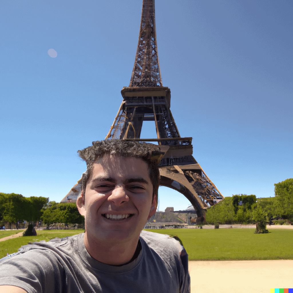 DALLE-2 selfie taken with the effiel tower the background on a sunny paris day, Sigma 85mm f8