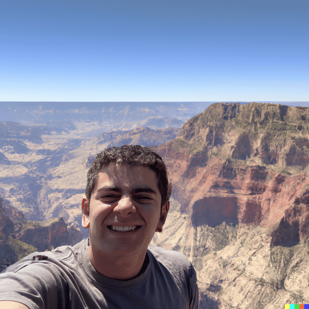 DALLE-2 selfie taken with the grand canyon overlooking the background in 4k photorealistic