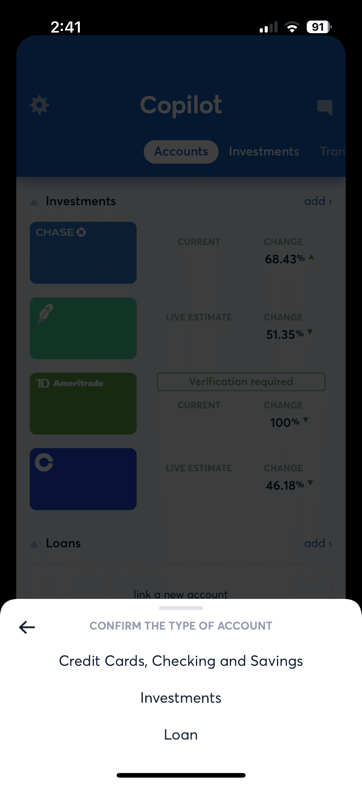 adding new account to copilot app, checking, investment, loan, etc