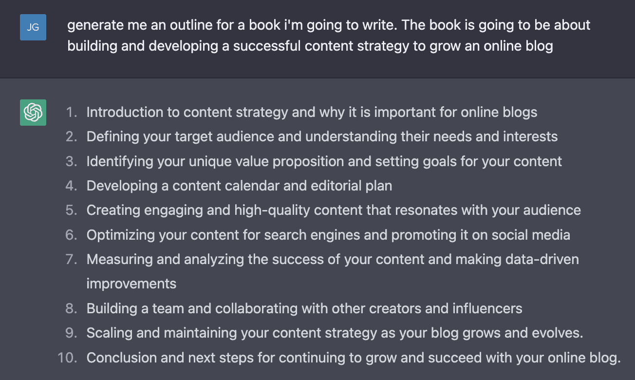 List of points for a book on how to grow an online blog, generated by ChatGPT