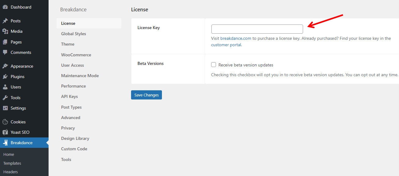 Enter license key for Breakdance Builder screen on a WordPress website