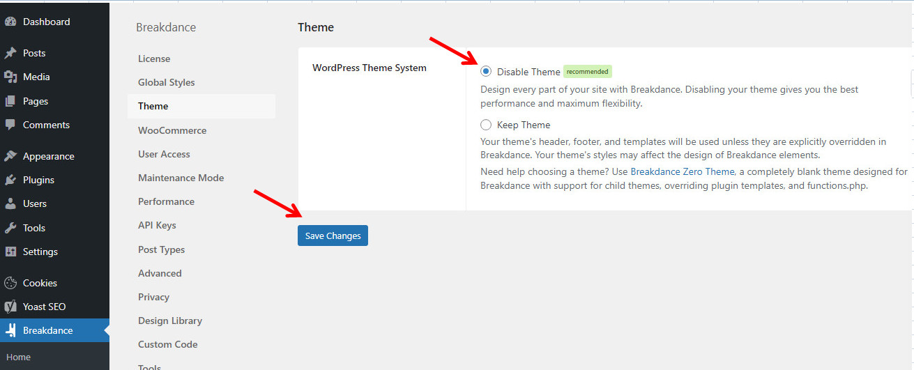 Disable theme settings in Breakdance Builder and save the changes.