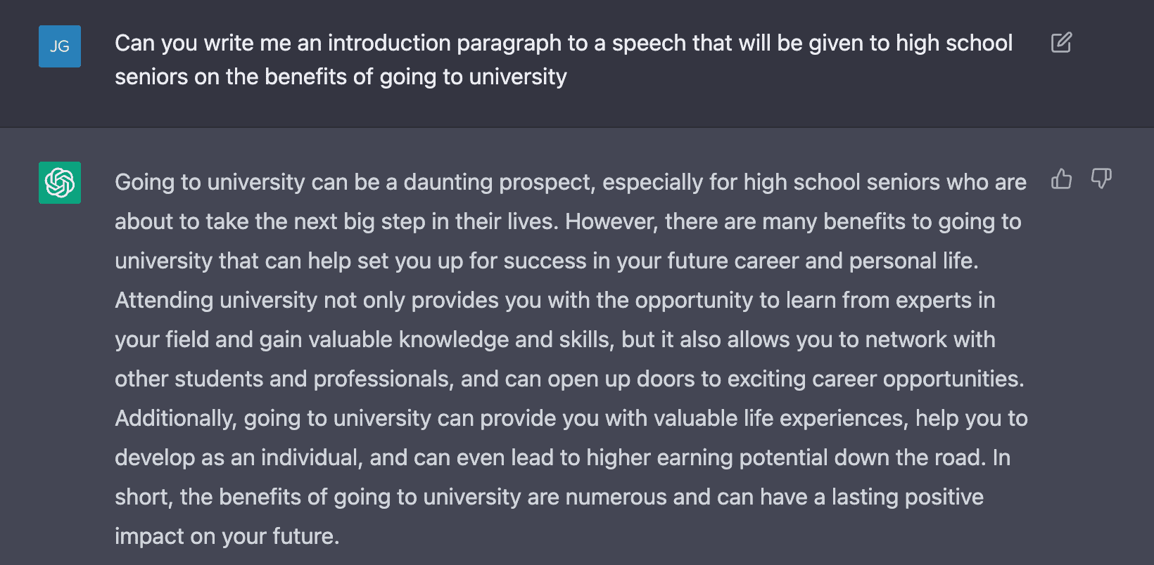 ChatGPT response about why you should go to university after high school