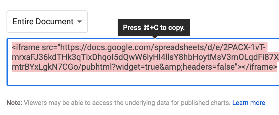 copy google sheets embed link for a website
