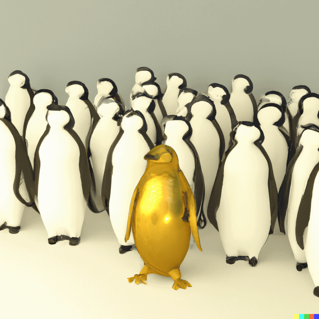 A Gold Penguin standing out in a crowd of other penguins made with DALL-E 2