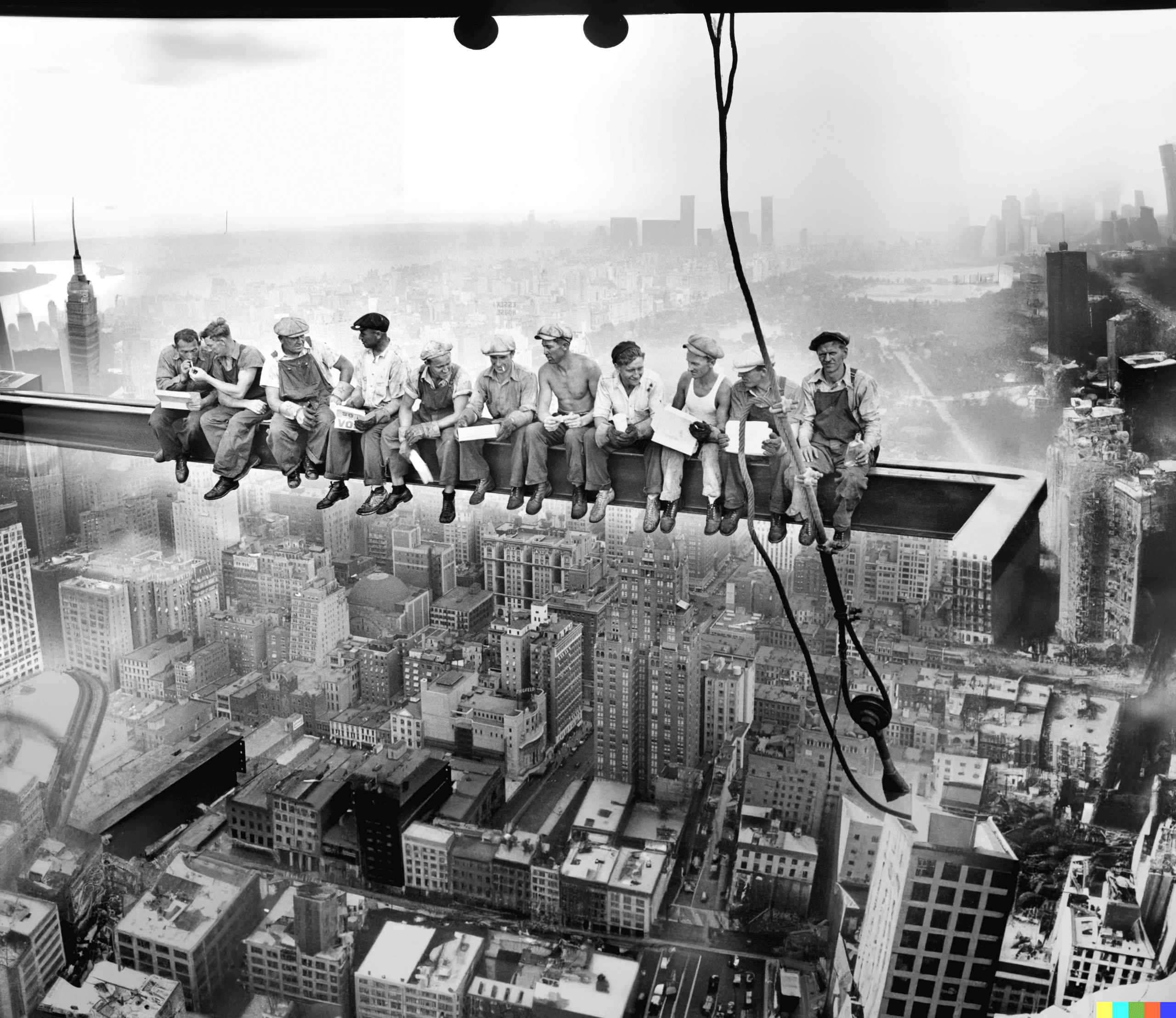 dalle-2 outpainted images of a photo of lunch atop a Skyscraper, a black-and-white photograph taken on September 20, 1932