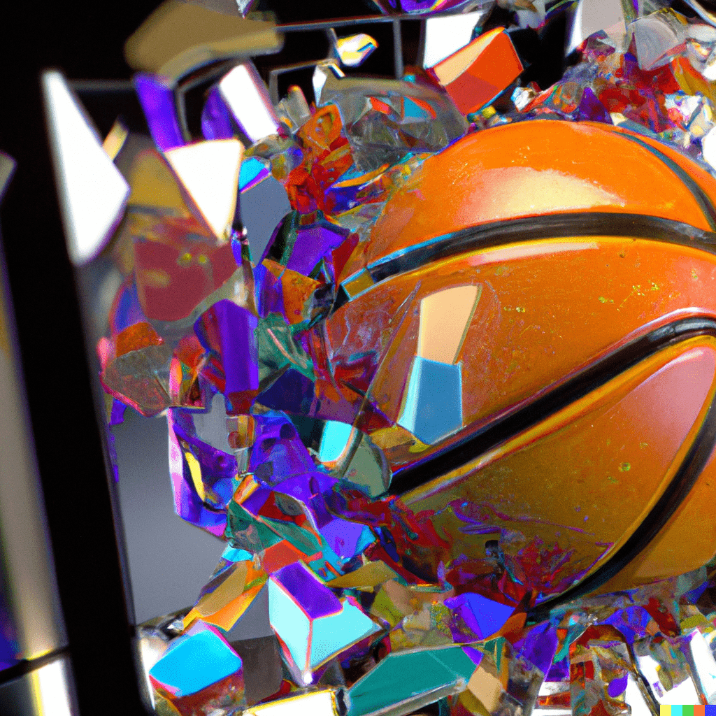 DALL-E 2.0 image - a 4k render of a basketball shattering a stained glass colorful basketball backboard in 4k photorealistic style