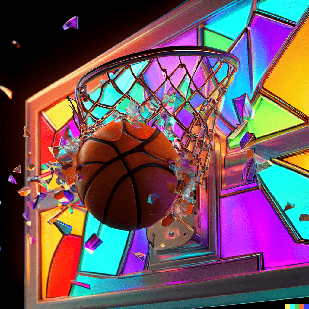 DALL-E experimental image - a 4k render of a basketball shattering a stained glass colorful basketball backboard in 4k photorealistic style