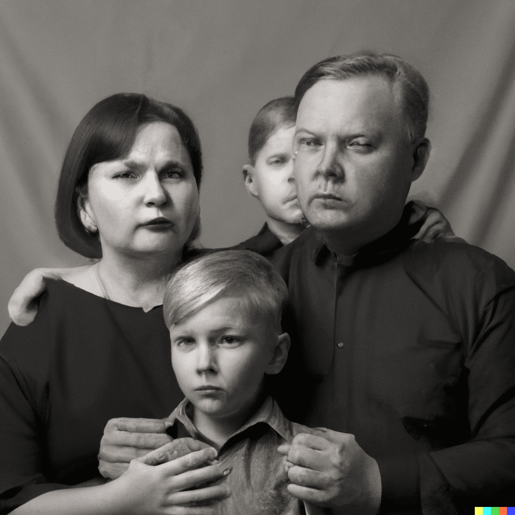 DALL-E 2.0 prompt - a family portrait of a family during the great depression close-up and 8k photorealistic showing tons of emotion