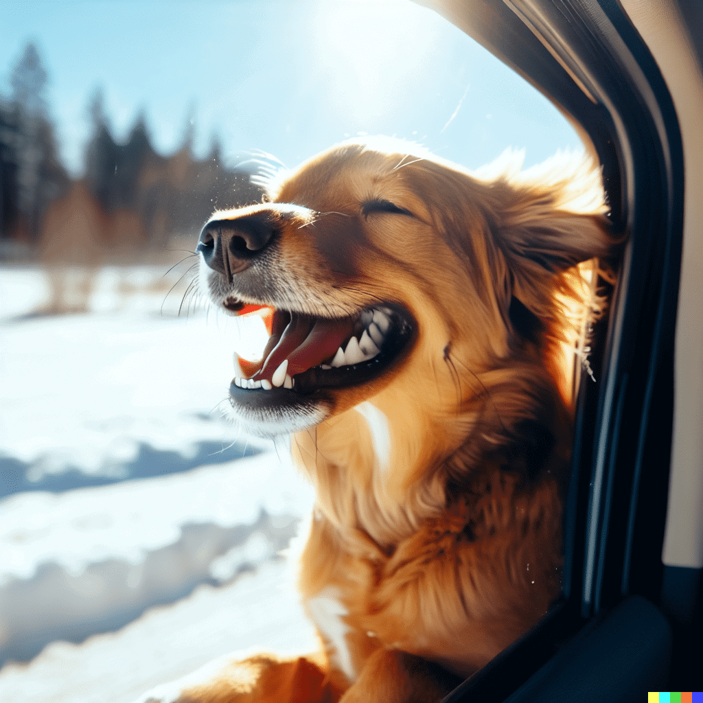 DALL-E experimental prompt - a dog smiling outside the window of a car on a sunny, winter day with snow on the ground
