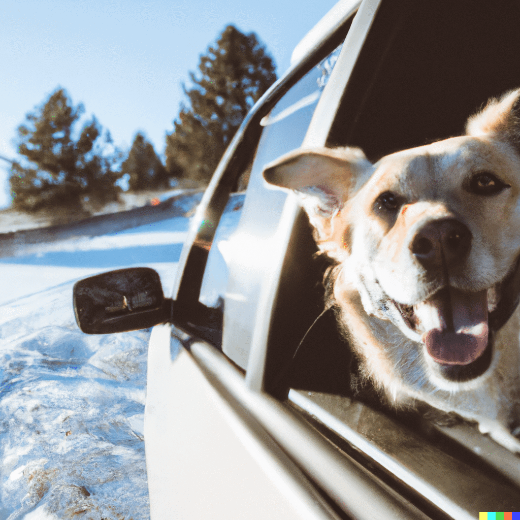 DALL-E 2.0 prompt - a dog smiling outside the window of a car on a sunny, winter day with snow on the ground