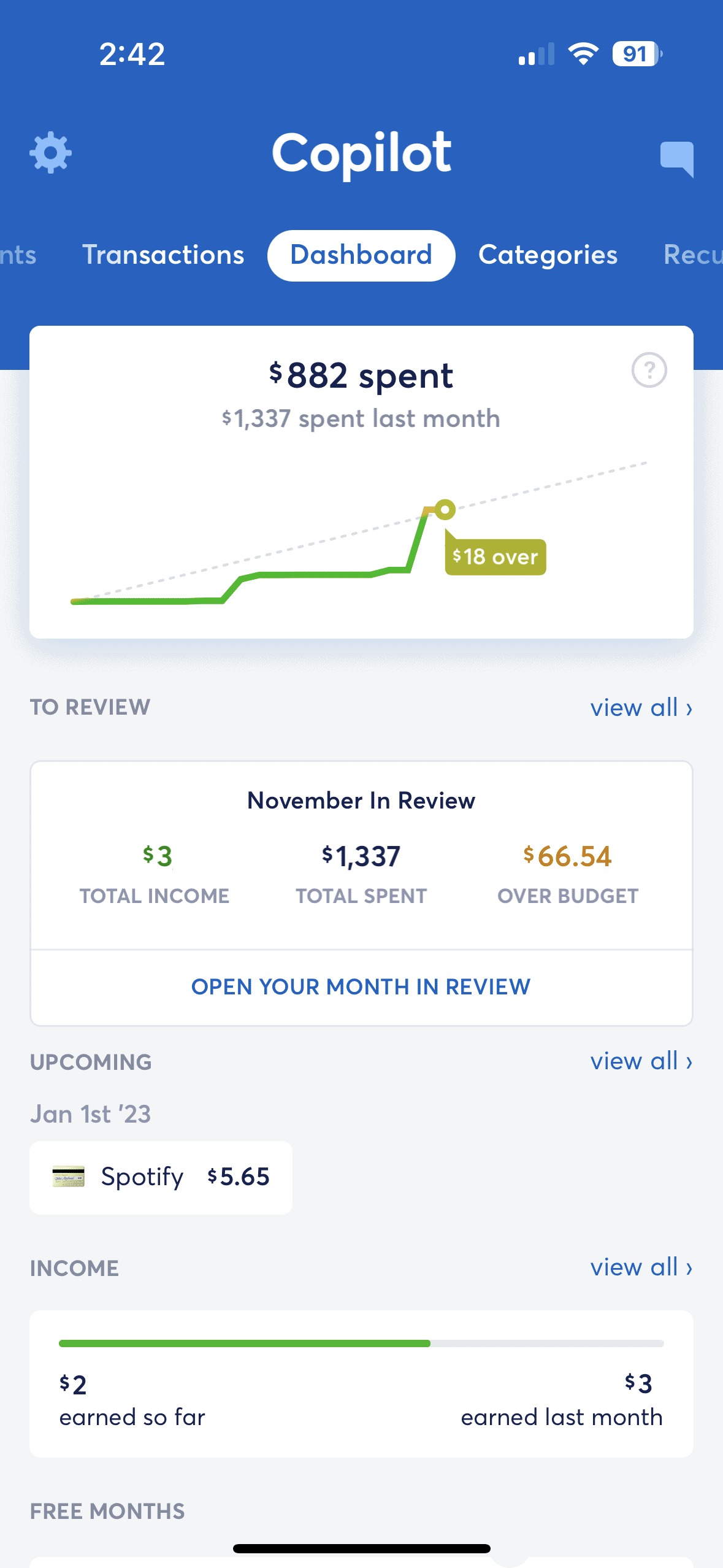 copilot dashboard screen on mobile, showing month review and graphs