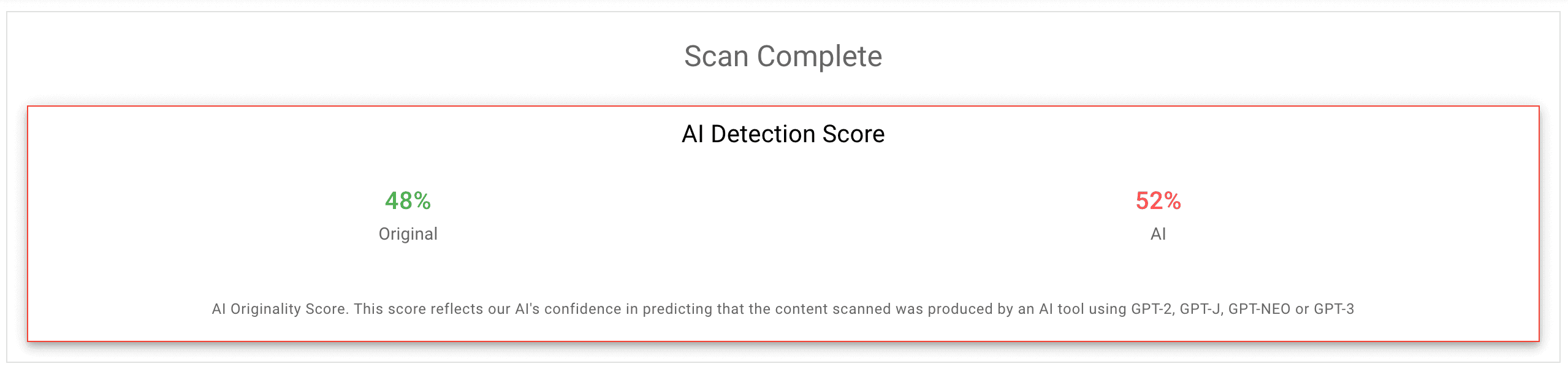 Final AI detection score from Originality.AI (48% original)