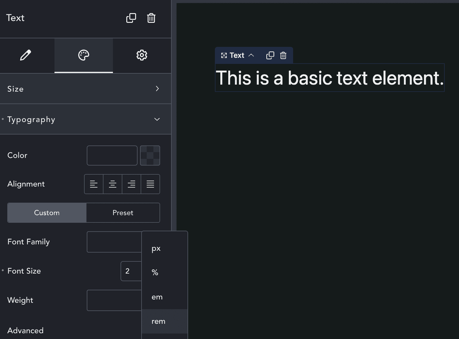 "this is a basic text element" written in Breakdance Builder with a 2rem font size