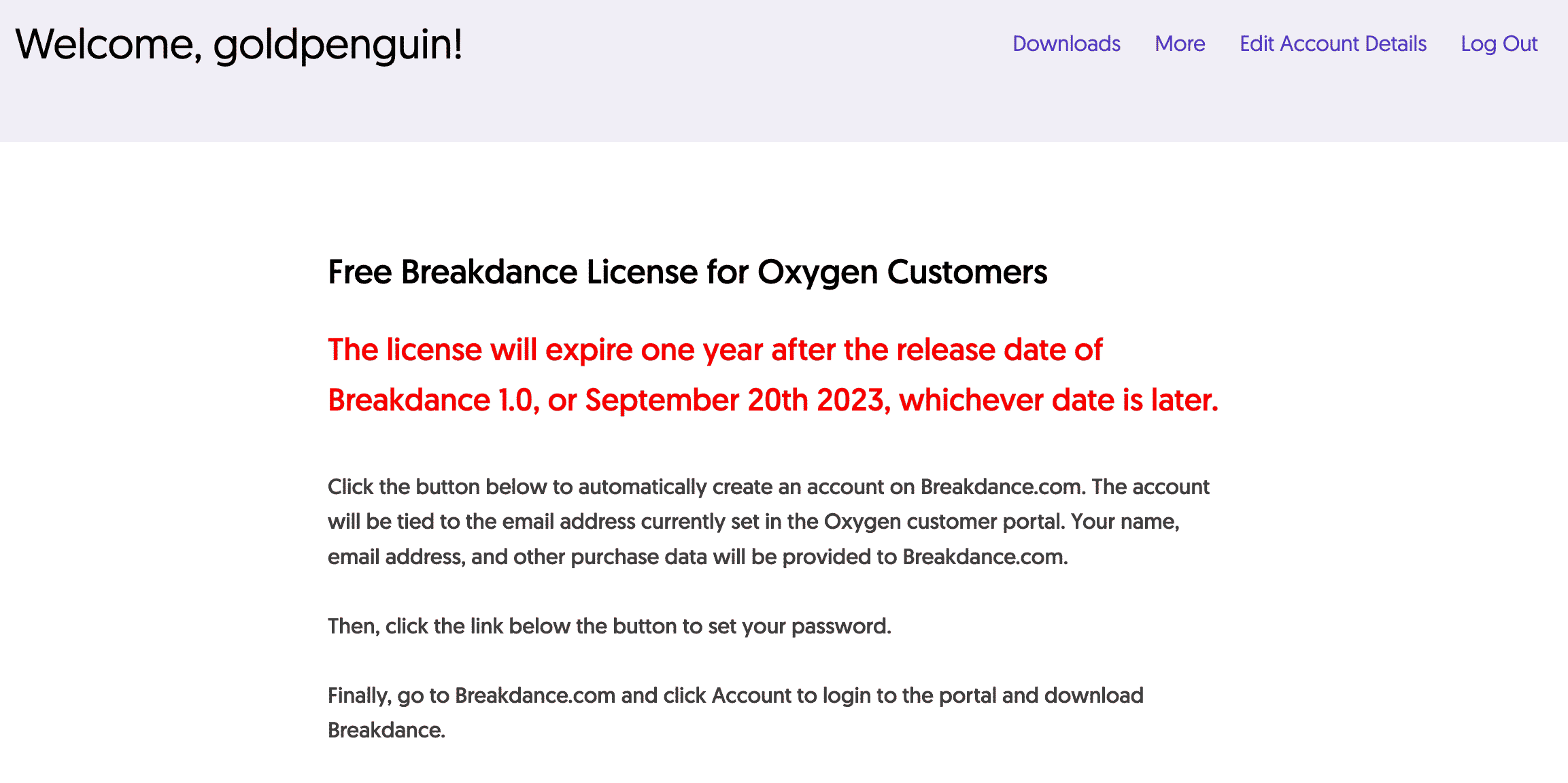 instructions to get a free breakdance license for a year, if you have a current oxygen builder license.