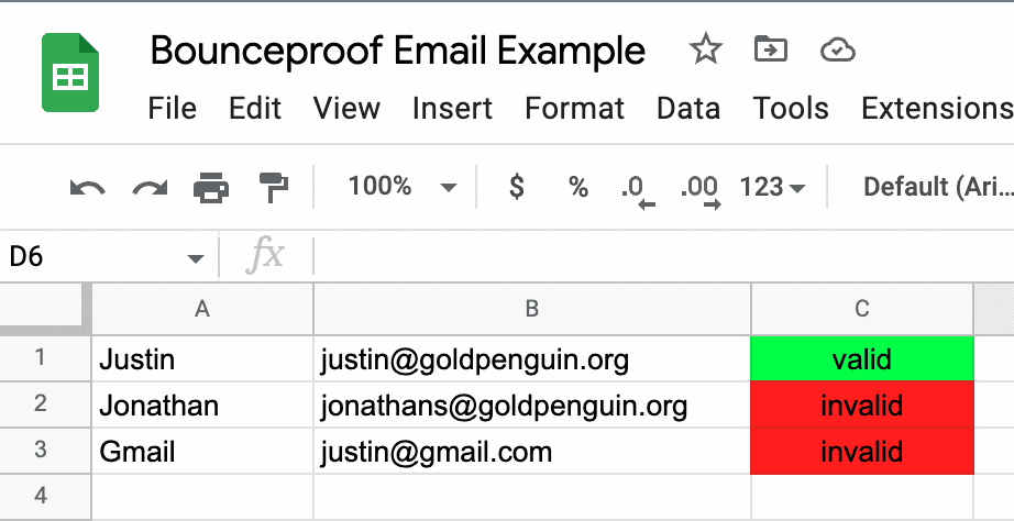 finished bounceproof email list in google sheets