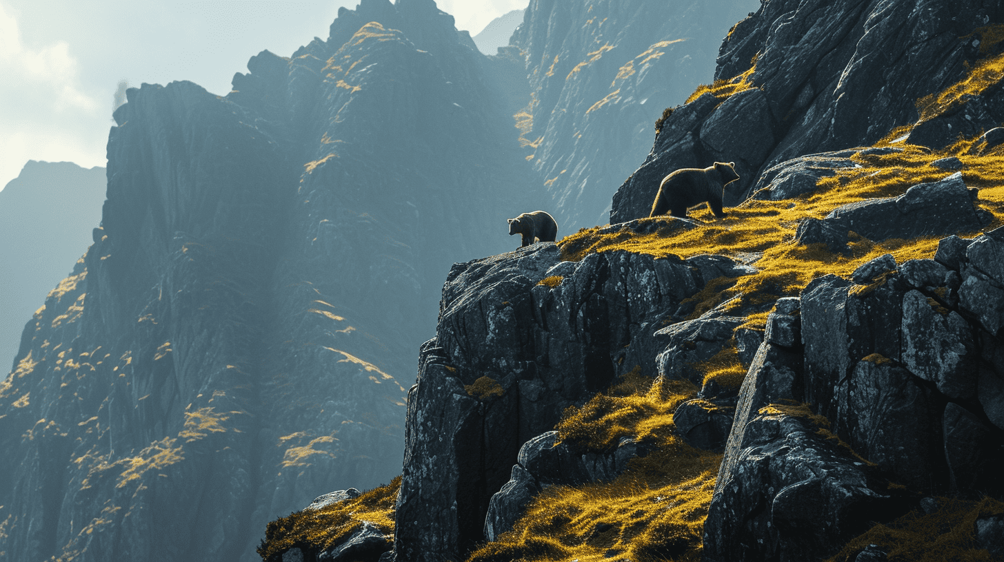 Midjourney V6 Landscape: Bears roaming a rocky mountain