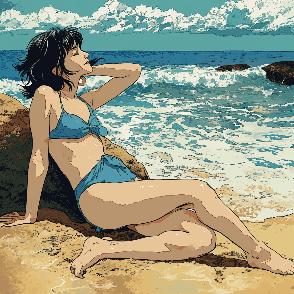 Midjourney V6 Digital Art: A woman at the beach by Hayao Miyazaki