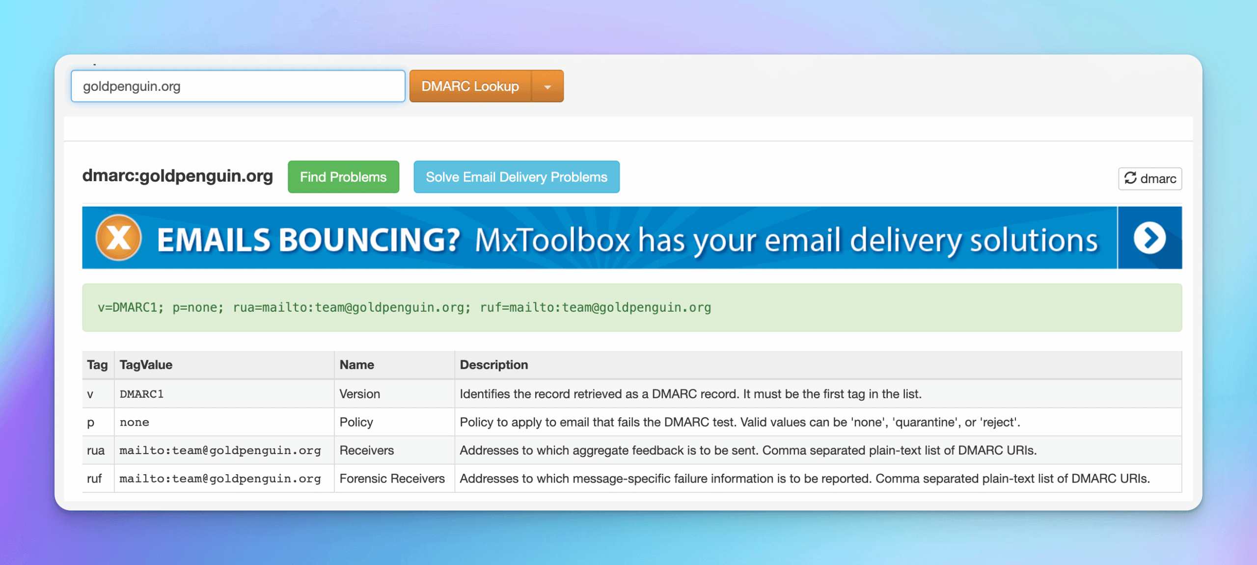 successful email dmarc check ran by MXtoolbox