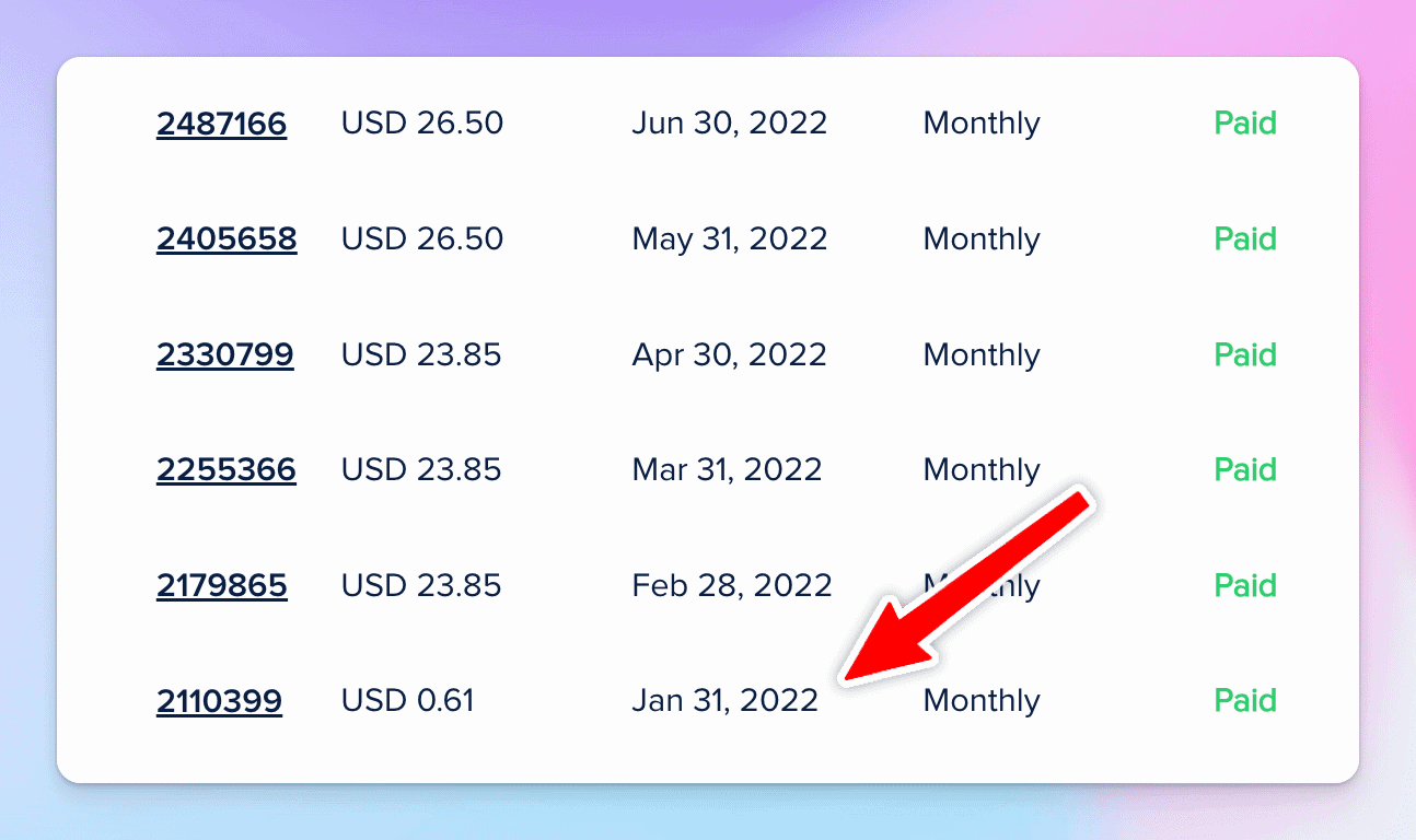 Invoices showing cloudways hosting activated since January of 2022