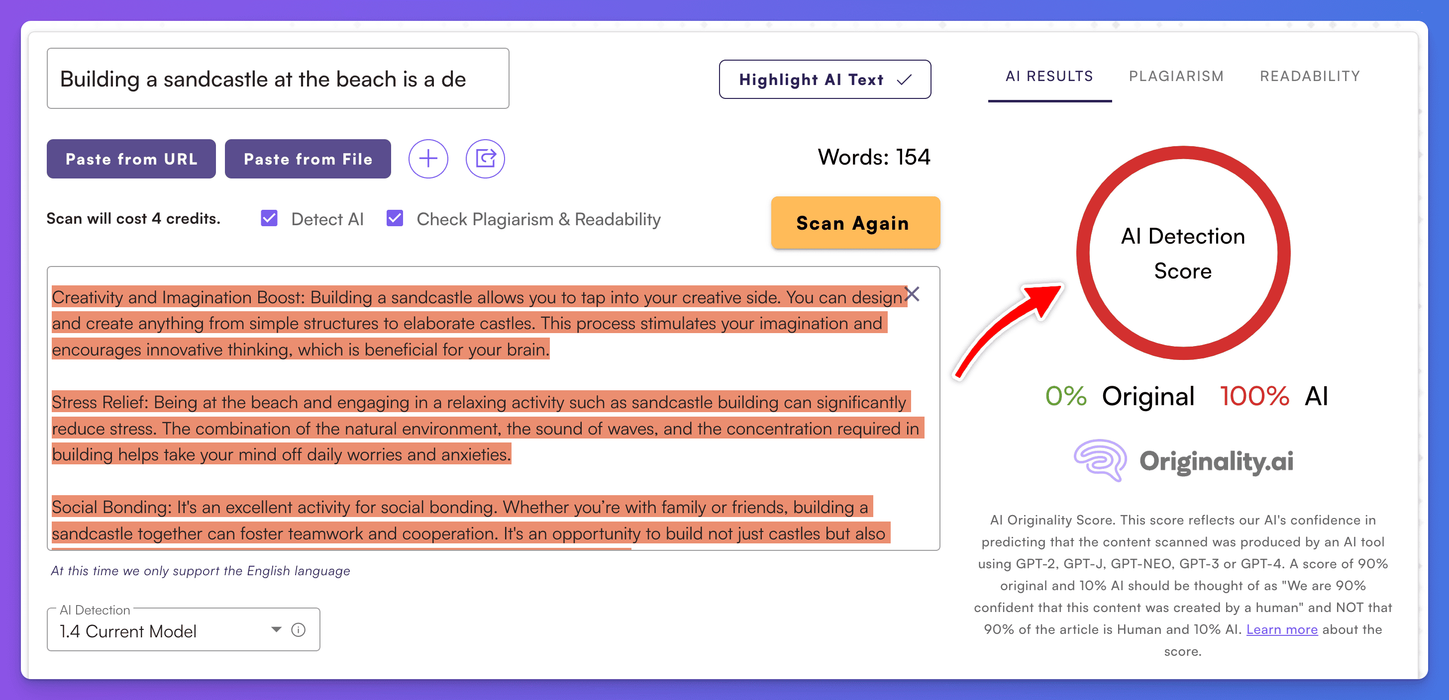 Originality.AI showing a GPT-4 AI-generated paragraph as being 100% AI-written
