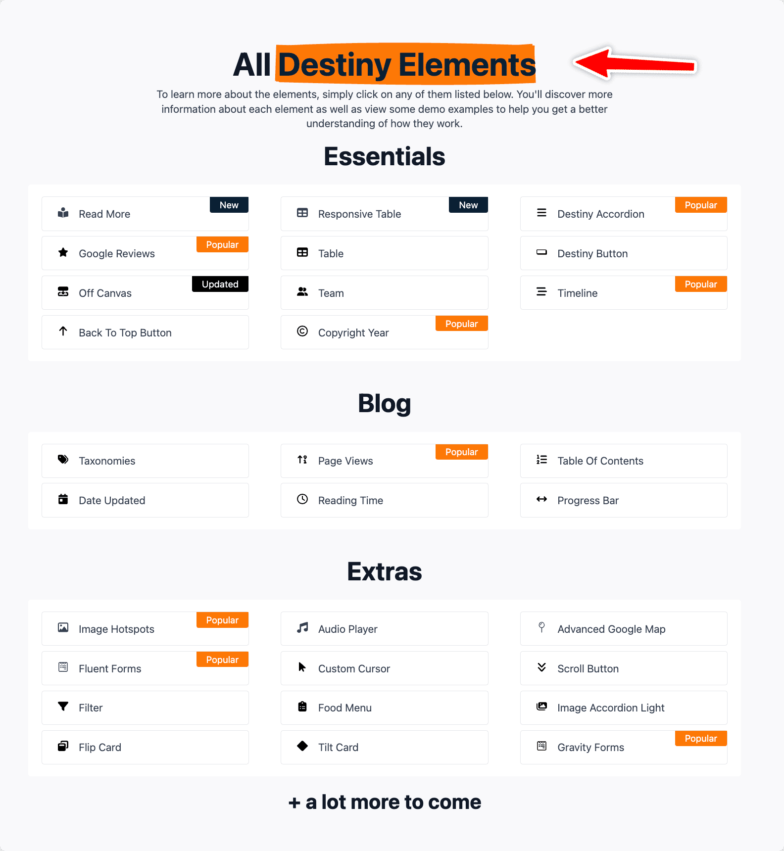 Full list of Destiny Element blocks to use with Breakdance Builder. Includes essentials, blogs, and extras