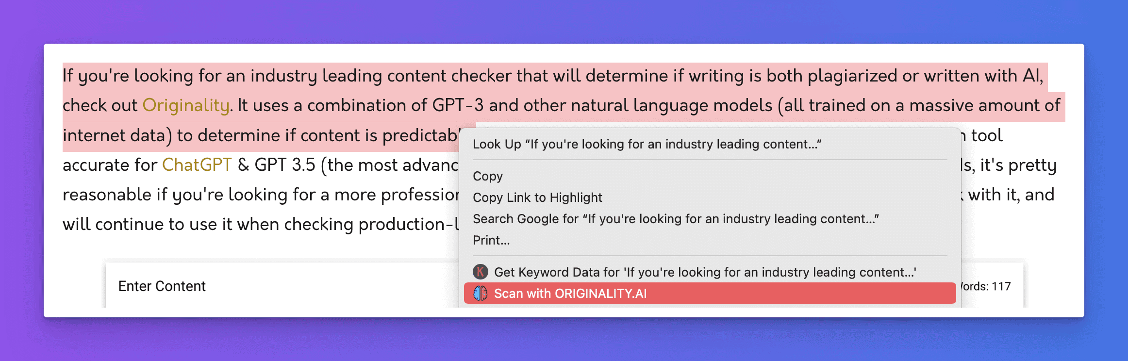 Right click menu screen for Originality.ai Chrome extension - scanning AI content option