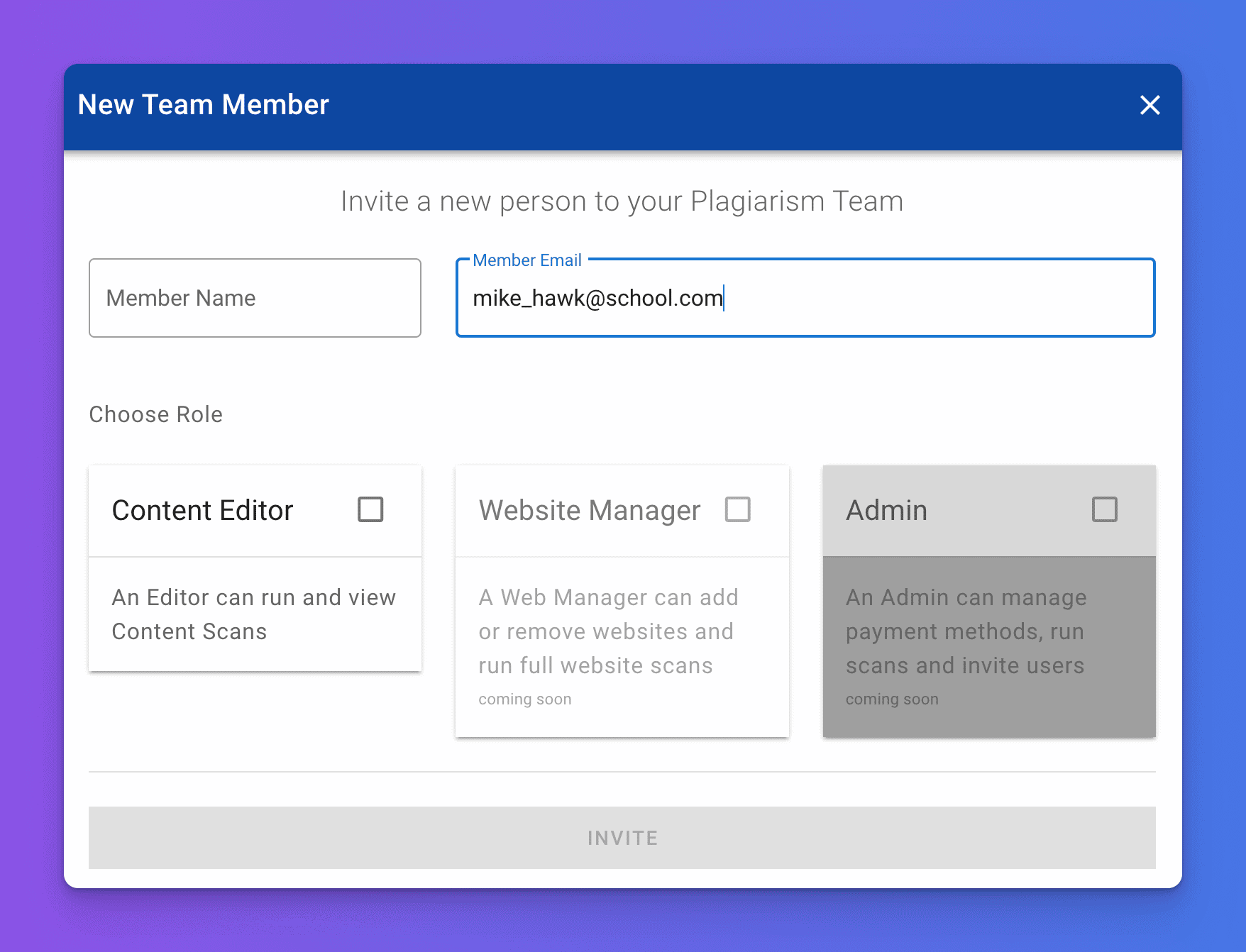 Adding a team member to Originality invite screen