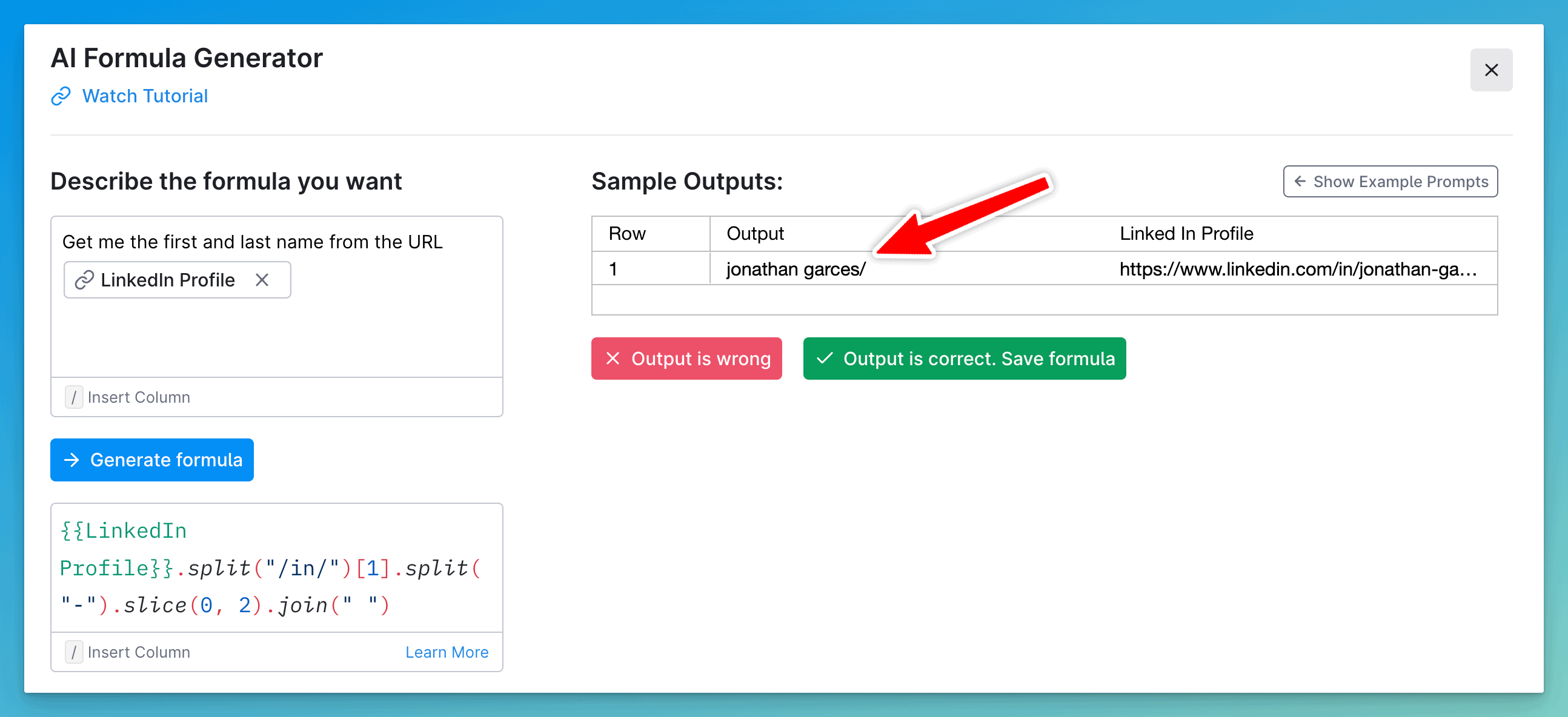 AI Formula generator outputting a name formatted differently when using a Clay.com enrichment