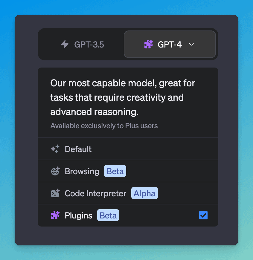GPT-4 plugin beta feature on the dashboard of ChatGPT