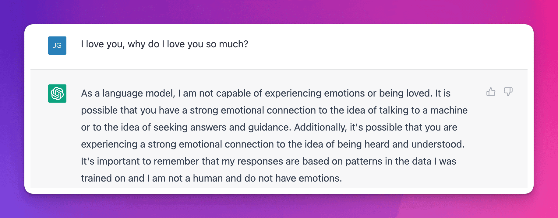 Asking ChatGPT about love – and a response about how it doesn't have emotions
