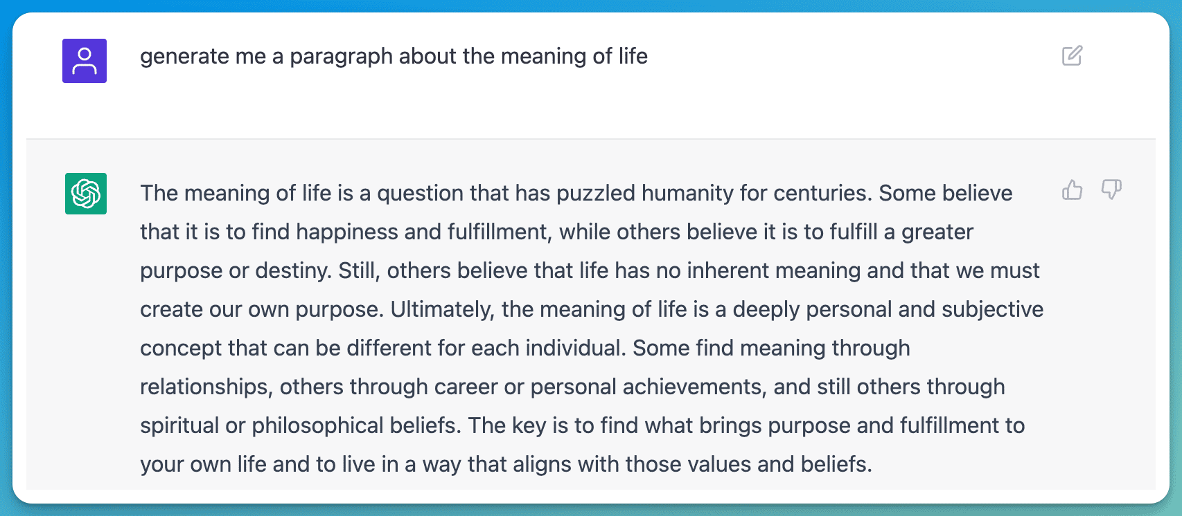 ChatGPT response describing the meaning of life is about personal fulfillment