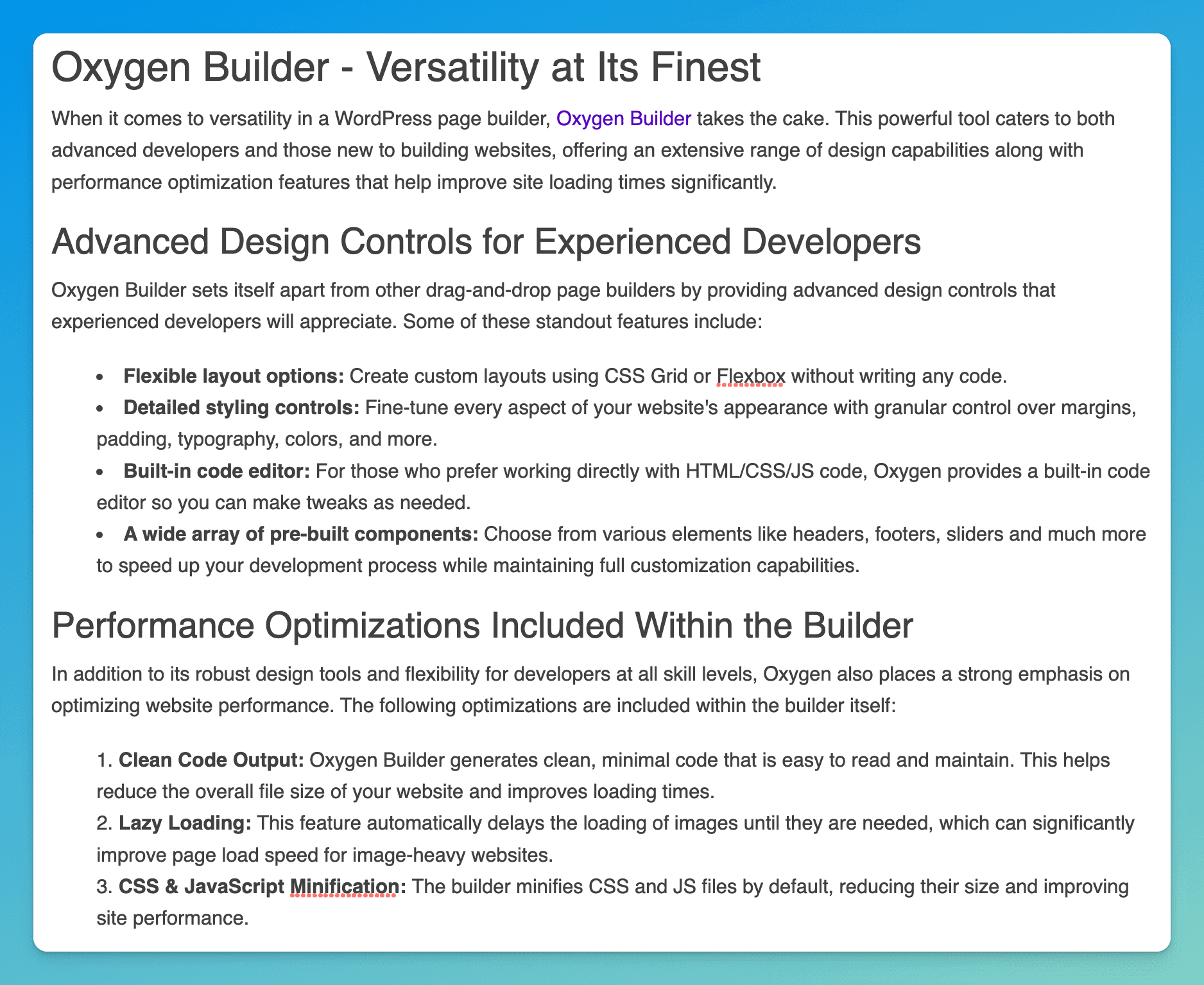 A section on Oxygen Builder, detailing features and optimizations included in purchasing the product at a fairly in depth scale.