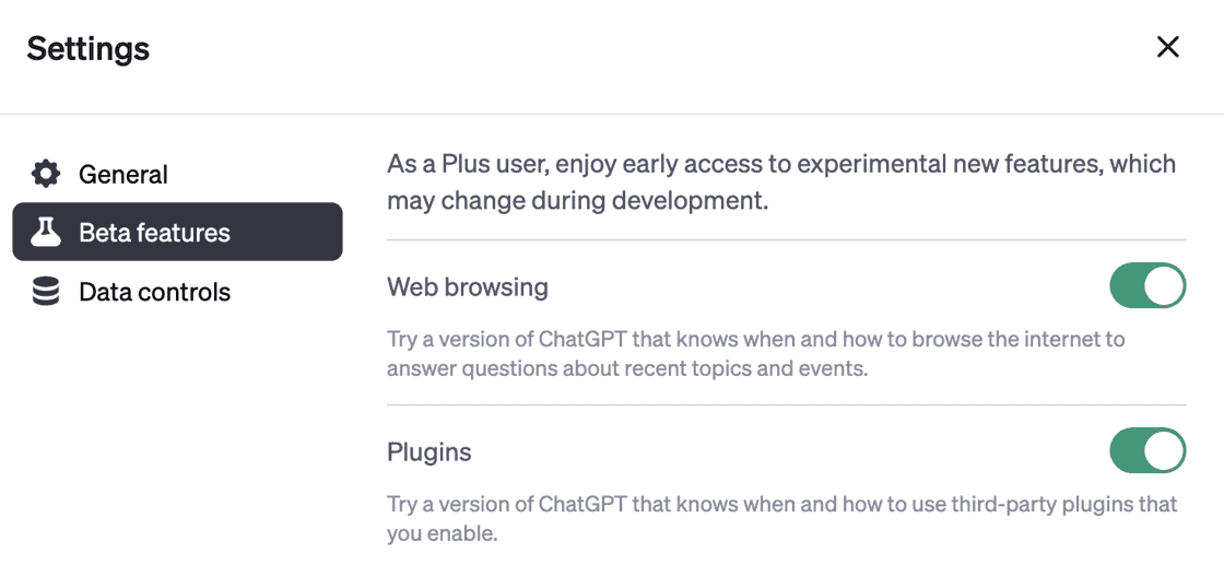 ChatGPT settings page with beta features enabled (both web browsing & plugins are turned on)